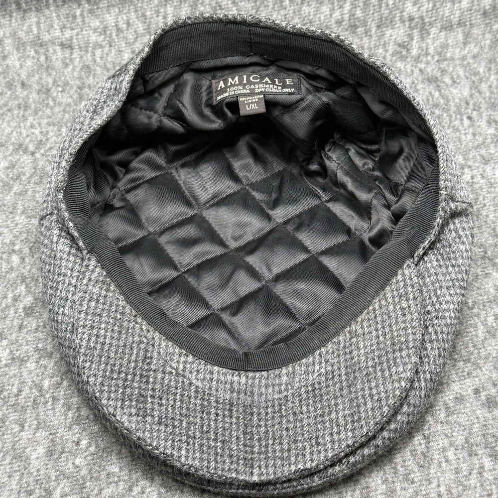 Amicale 100% Cashmere Flat Cap Grey Black Houndstooth Newsboy Hat Mens Size L XL